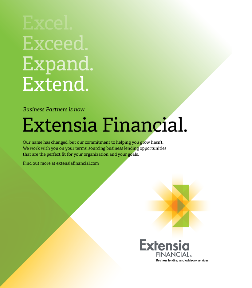Extensia print ad graphic image: Excel Exceed Expand Extend